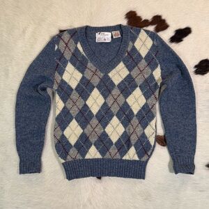 Vintage Argyle Wool Sweater | Blue & Cream | Size Small | Made in USA